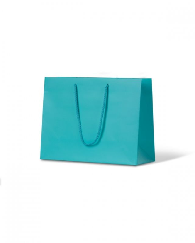 Matte aqua laminated bags for medium items, featuring a rope handle and block bottom, pack of 100.