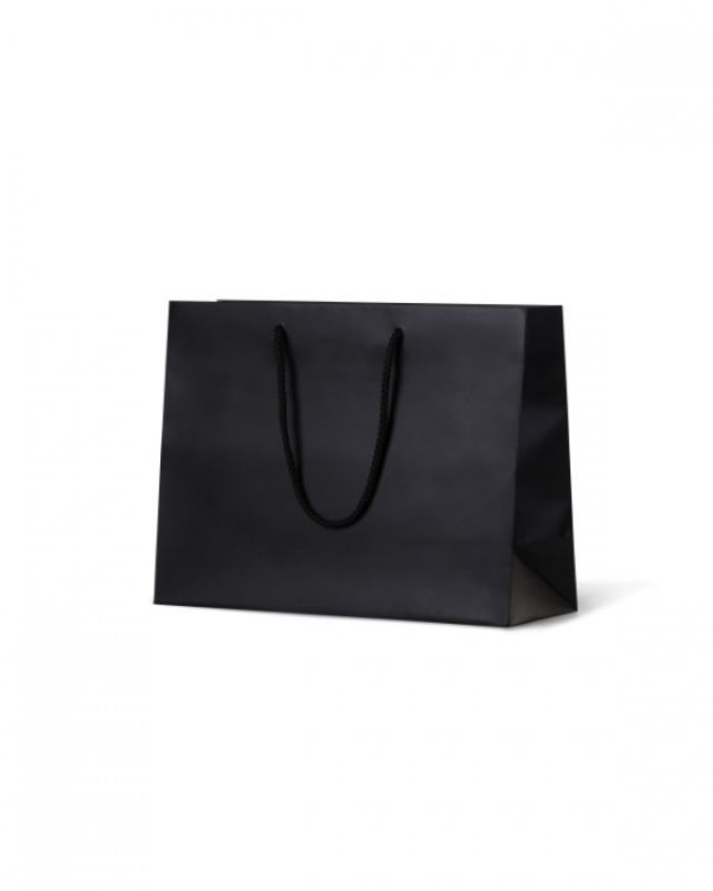 Laminated matte ruby-black bags with rope handles, perfect for medium items, pack of 100 with stylish finish.