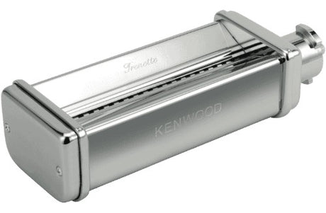 Stainless steel Kenwood trenette pasta cutter attachment for easy pasta making with integral side rings for cleanability.