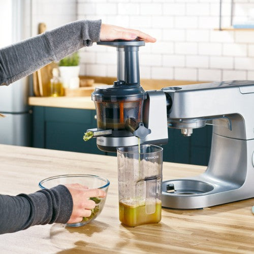 Kenwood Slow Juicer Attachment with anti-drip system, compatible with Chef and kMix robots, weighing 2.28kg.