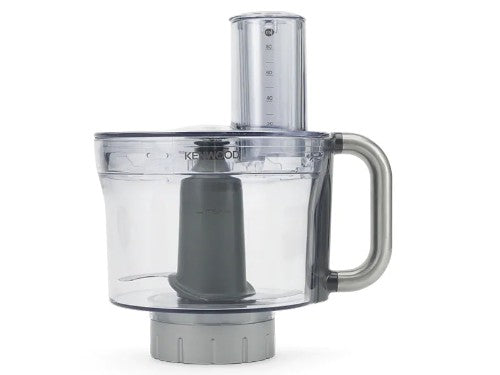 Clear Tritan food processor attachment for Kenwood, featuring knife blades and slicing discs, 2.4L capacity, and dishwasher-safe.