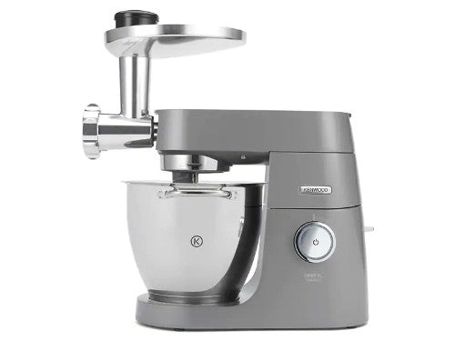 Polished die-cast aluminium food grinder attachment for Kenwood Chef Sense and kMix, ideal for homemade burgers.