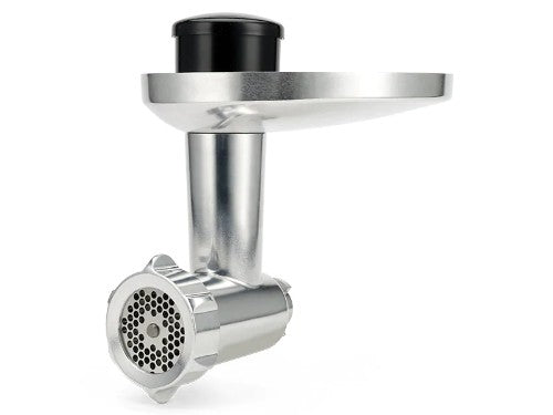 Polished die cast aluminum food grinder attachment for Kenwood Chef Sense and kMix, ideal for homemade burgers.