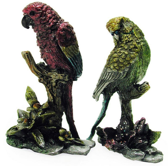 Set of six assorted pewter parrot ornaments, vibrant and detailed, perfect for holiday decor or gifts for bird lovers.