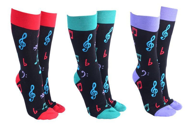 Vibrant music note socks collection with 6 assorted pairs, perfect for music lovers seeking stylish comfort.