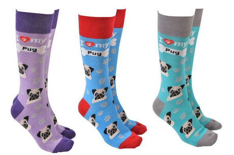 Assorted pug-themed socks set featuring six unique pairs in vibrant colors for comfort and style.