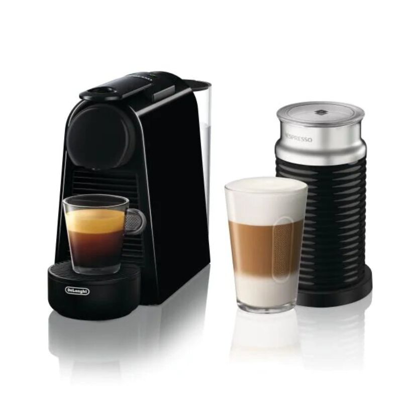 Compact black Nespresso coffee machine with customizable espresso and lungo settings, ready in 25 seconds.