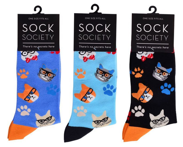 Cozy, cat-themed socks in six unique designs, perfect for cat lovers and everyday comfort.