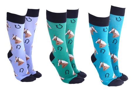 Assorted pairs of stylish socks with a playful horse shoe pattern, perfect for comfort and gifting.