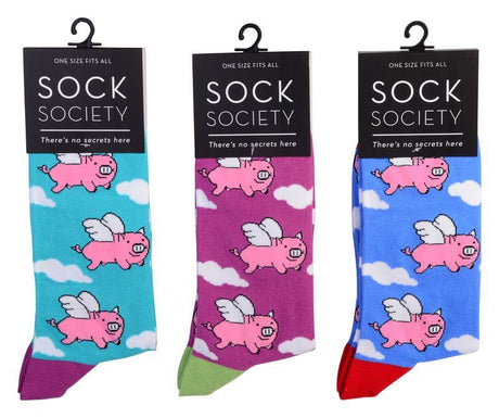 Colorful Sock Society Flying Pig socks in six unique designs, perfect for adding fun and personality to any outfit.