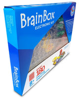 Brightly colored Brain Box - Absolute Electronic kit for ages 8+, featuring easy press-stud assembly for over 180 experiments.