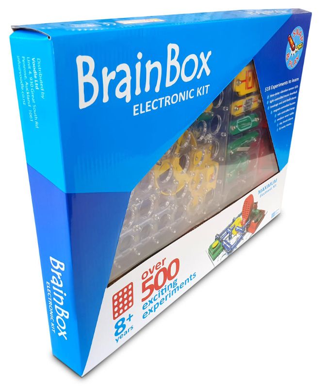 Colorful Brain Box electronic kit featuring press-stud connectors for over 500 easy experiments, no soldering needed.