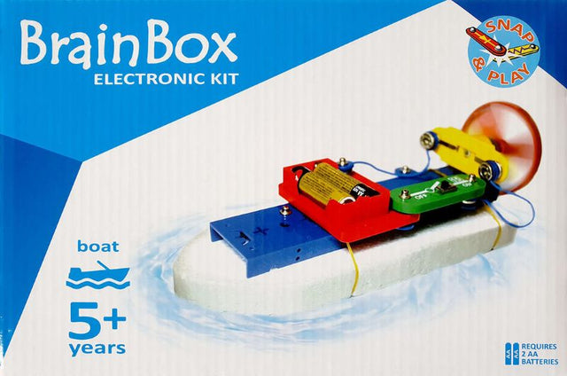 Colorful Brain Box Boat Experiment kit for kids to build and sail an air-driven boat with easy press-stud connections.