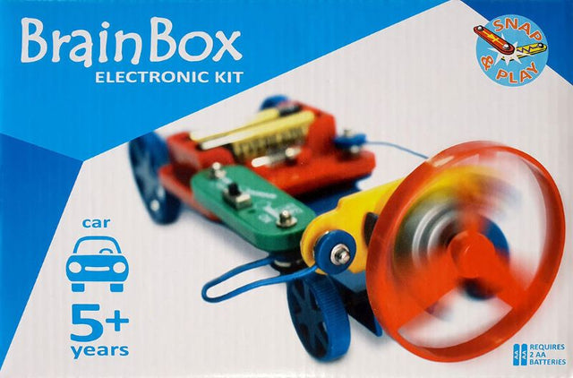 Colorful electronic car kit for easy assembly, no soldering needed, uses press-stud connectors, suitable for kids 5+.