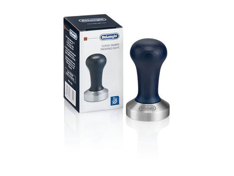 DeLonghi coffee tamper with stainless steel base and wood handle, ideal for espresso machines.