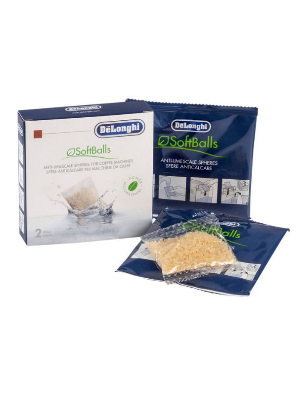 DeLonghi Softballs Anti-limescale (2pk) for clean water brewing in coffee machines, ensures creamy and aromatic coffee.