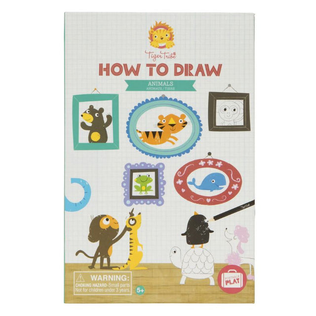 How to Draw Animals Set by Tiger Tribe, featuring a drawing book, colored pencils, sketch pad, sharpener, and eraser.