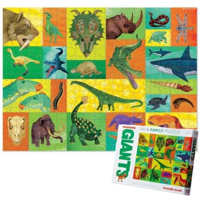 500-piece Crocodile Creek Prehistoric Giants puzzle showcasing vibrant dinosaurs, ideal for family fun and educational bonding.