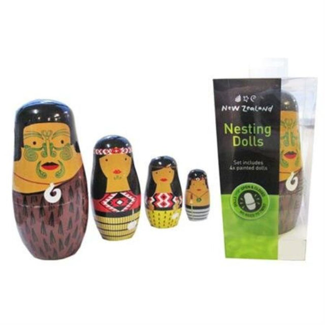 NZ Nesting Doll featuring vibrant Maori designs, symbolizing family values and cultural unity, perfect for decor or gifting.