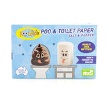 Whimsical salt and pepper shakers shaped like toilet paper and poo emoji, adding fun to your kitchen decor.