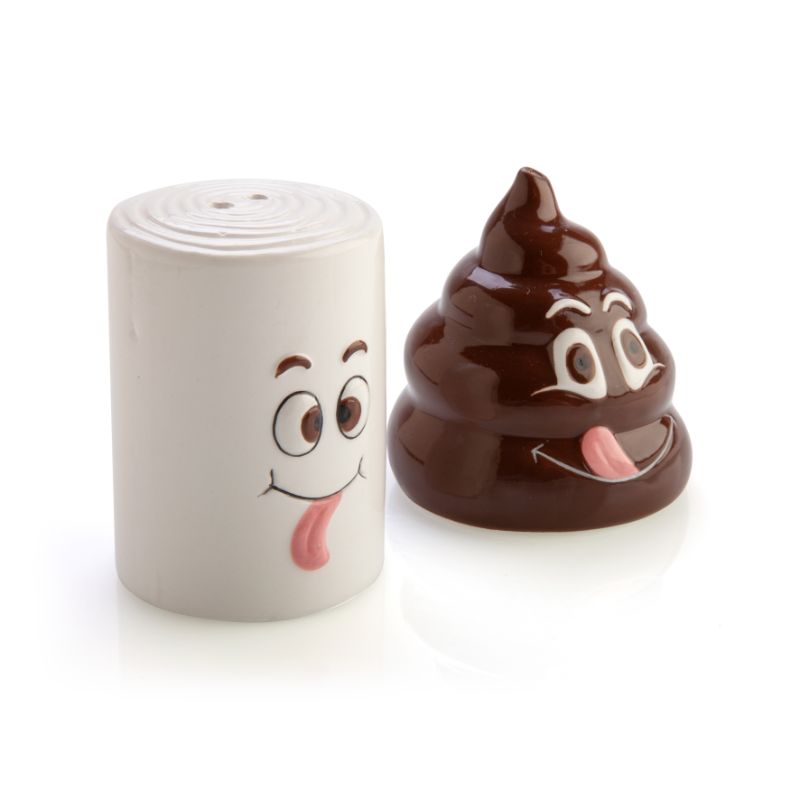 Whimsical salt and pepper set shaped like toilet paper and poo emoji, featuring cheeky smiles and playful design.