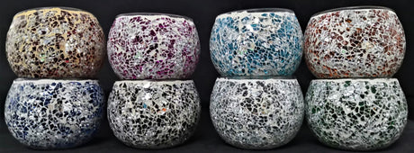 Turkish mosaic candle holder set featuring 8 assorted vibrant designs, perfect for creating a warm ambient glow.