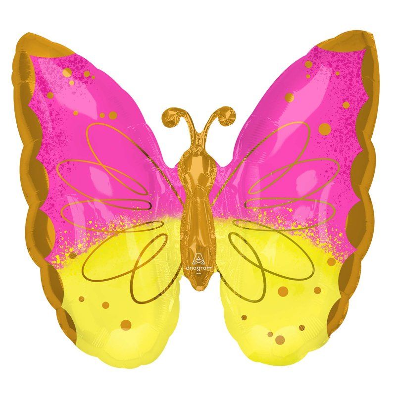 Supershape XL pink and yellow butterfly foil balloon, 63cm, perfect for celebrations, adding vibrant charm to any event.