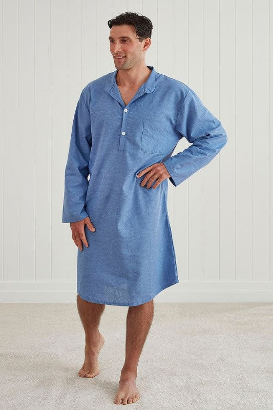 Sophisticated small nightshirt by BAKSANA, featuring long sleeves, a mandarin collar, and made from sustainable cotton-linen blend.