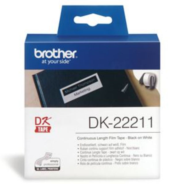 Brother DK22211 continuous white label tape, 29mm x 15.24m, for customizable mailing and organization labels.