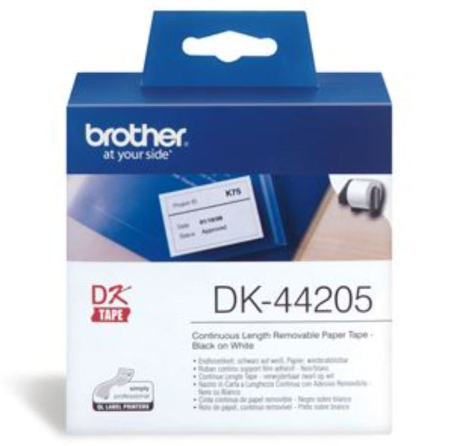 Brother DK44205 continuous paper roll with black print on white, 62mm x 30.48m, perfect for versatile labeling needs.