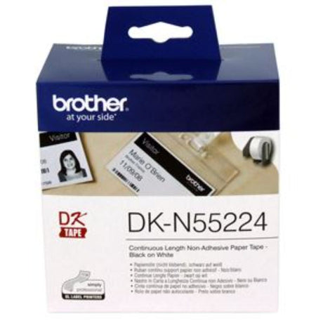 Brother DKN55224 white non-adhesive continuous paper roll, 54mm x 30.48m, compatible with various Brother label printers.