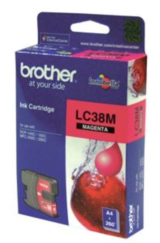 Brother LC38M Magenta Ink Cartridge for vibrant prints, compatible with multiple Brother printers, yields up to 260 pages.