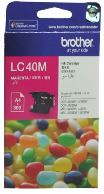 Brother LC40M Magenta Ink Cartridge for vibrant prints, lasting up to 300 pages, compatible with select Brother printers.