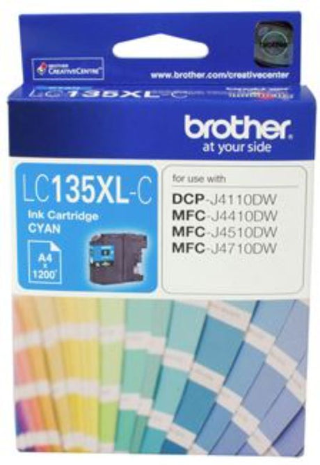 Brother LC135XLC Cyan Ink Cartridge for vivid prints, high yield up to 1200 pages, compatible with various Brother printers.