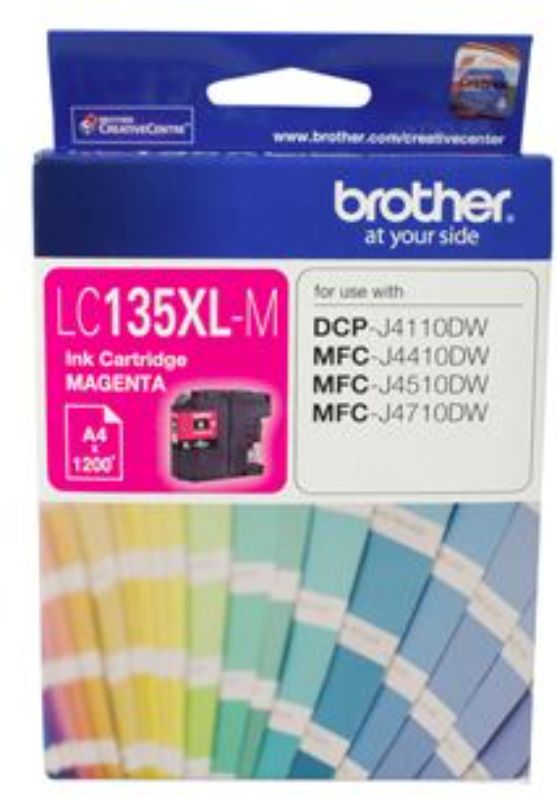 Brother LC135XLM magenta ink cartridge, high yield for vibrant prints, compatible with various Brother printers, up to 1200 pages.