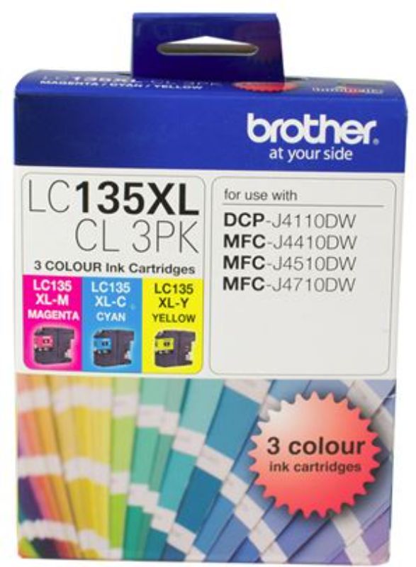 Brother LC135XLCL3PK CMY Ink Cartridge triple pack, providing vibrant color prints with high yield of up to 1200 pages each.