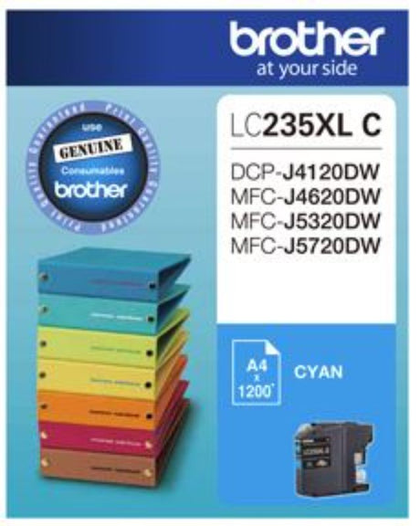 Brother LC235XLC Cyan High Yield Ink Cartridge for vibrant prints, yielding up to 1200 pages; compatible with specific Brother printers.