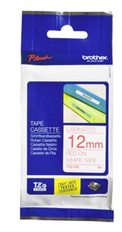 Brother TZe-232 12mm x 8m red on white tape, designed for durable and versatile labeling in various environments.