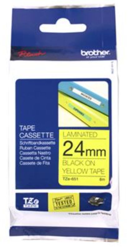 Brother TZe-651 24mm x 8m tape with black letters on yellow, durable for home and industrial labeling, weather-resistant.