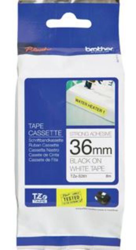 Brother TZe-S261 label tape, 36mm black on white, durable for indoor/outdoor use, resistant to water and chemicals.