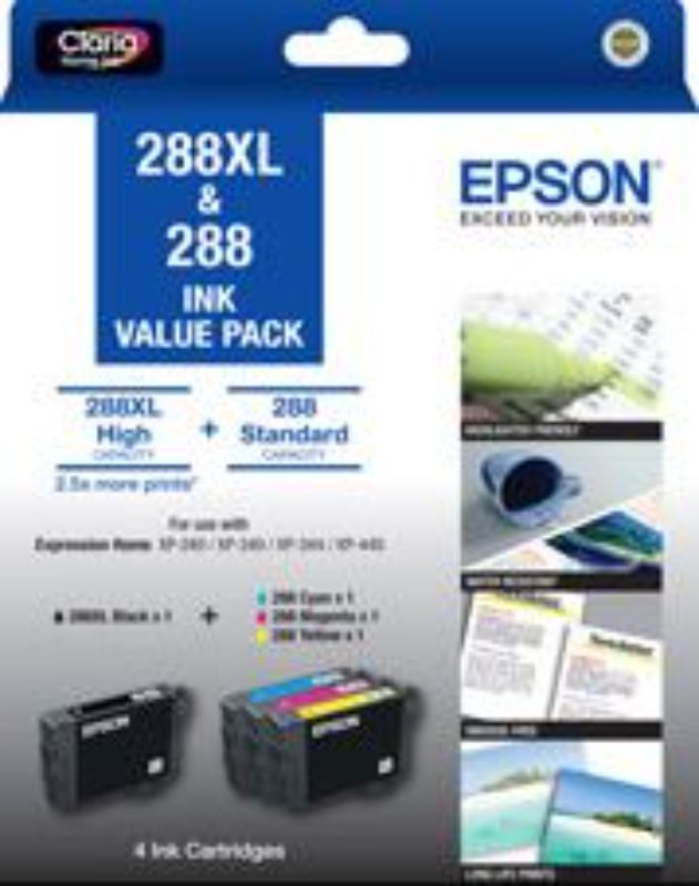 Epson 288XL BK + C/M/Y Ink Cartridges pack for vibrant prints, water & smudge resistant with 2.5x more yield. Perfect for home use.