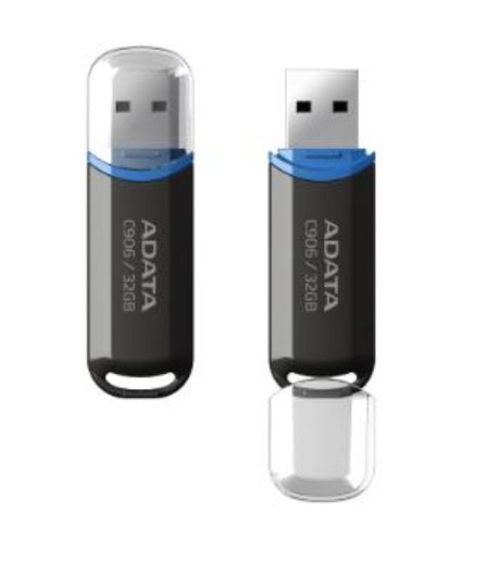 Compact ADATA C906 USB 2.0 flash drive in blue/black, 32GB capacity, snap-on cap, perfect for portable data storage.