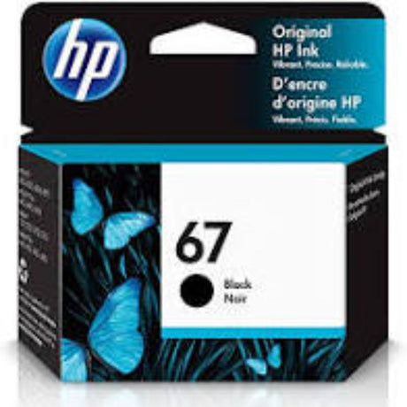 HP 67 Black Ink Cartridge, designed for HP DeskJet and Envy models, prints up to 120 pages with crisp, clear text.