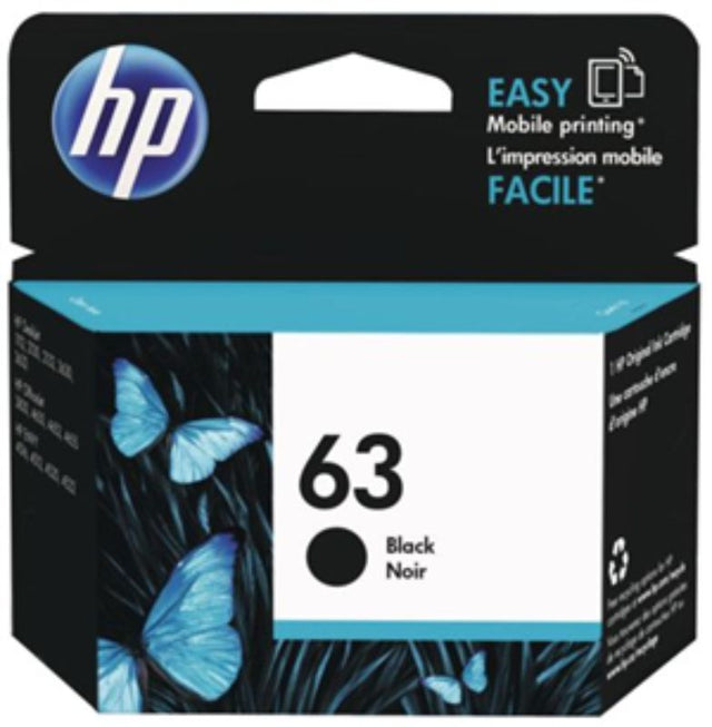 HP 63 Black Original Ink Cartridge for crisp documents, high yield of 190 pages, compatible with various HP printers.