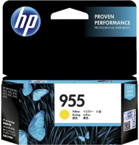 HP 955 Yellow Ink Cartridge for vibrant prints, compatible with select HP models, yields up to 700 pages at 5% coverage.