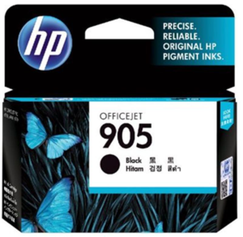 HP 905 Black Ink Cartridge for high-quality printing, yields up to 300 pages, compatible with various HP printers.