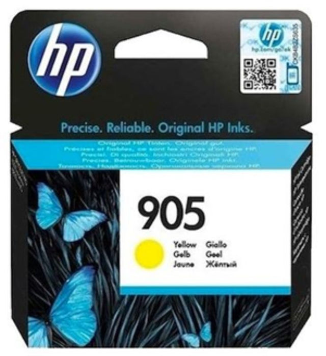 HP 905 Yellow Ink Cartridge, designed for vibrant prints and sharp text, compatible with OfficeJet models, lasting up to 315 pages.