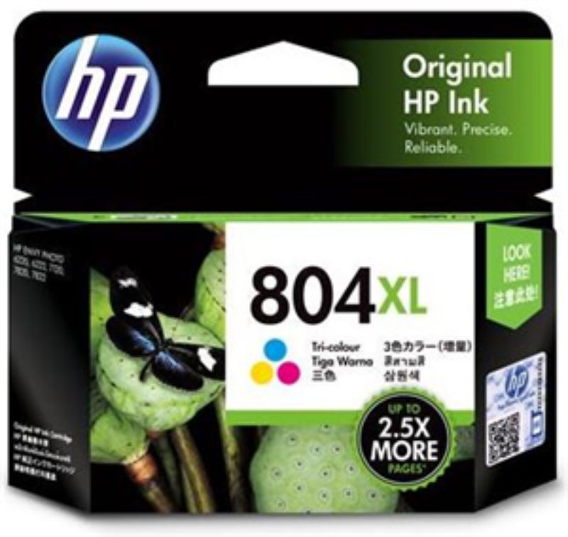 HP 804XL Tri-Colour Ink Cartridge for Envy printers, yielding up to 415 pages with vibrant colors and smart low-ink alerts.