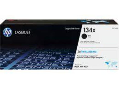 HP 134X High Yield Black Toner Cartridge for LaserJet printers, printing up to 2,400 pages with sharp text and bold graphics.