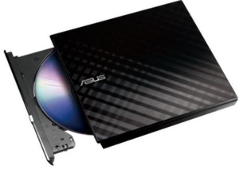 Slim black ASUS external DVD-RW drive with diamond-cut design, USB 2.0 connectivity, and 8X burning speed for Mac and Windows.